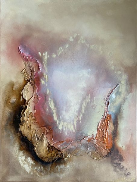 Hier wurde mit Fluidität von Acryl und der Ebenen von Paste gespielt, um eine abstrakte Landschaft in sanften Erdtönen zu schaffen